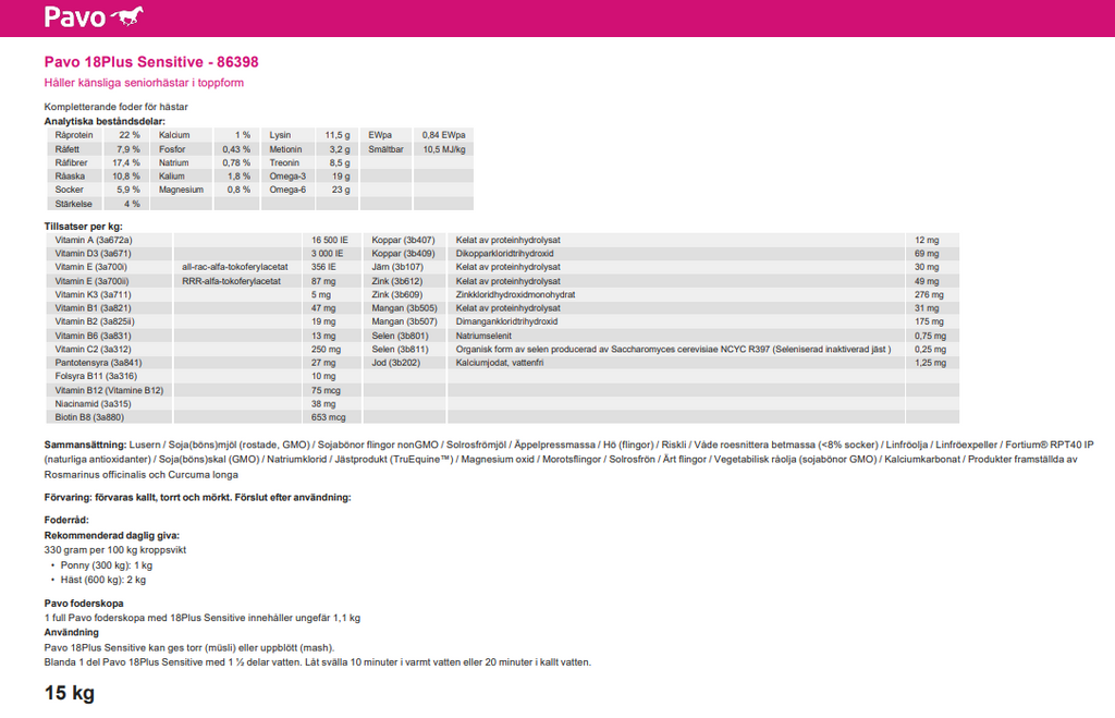 Pavo 18Plus Sensitive 15 kg