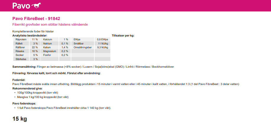 Pavo FibreBeet 15 kg