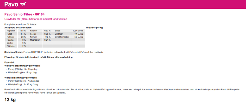 Pavo SeniorFibre 12 kg